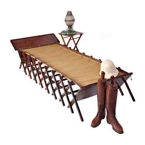 Discretely Disguised Guest Beds : Wheelers Cot Fold Up Bed, Travel Furniture, British Campaign Furniture, Guest Beds, Settee Bench, Campaign Furniture, British Colonial Style, Colonial Design, Canvas Tent