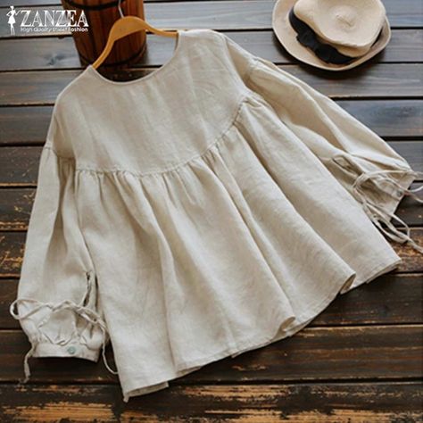 Lantern Sleeved Blouses, Casual Wear Women, Ruffle Shirt, Linen Blouse, Vintage Casual, Loose Tops, Lantern Sleeve, Blouse Vintage, Cotton Blouses