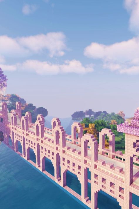 #minecraft #bridge #build #howto #purple #violet #purpur #amethyst #quartz #railing #endrod #water #sildurs #shaders Minecraft Above Water House, Quartz Bridge Minecraft, Amethyst Ideas Minecraft, Amethyst Bridge Minecraft, Cute Minecraft Builds Pink Easy, Purple Castle Minecraft, Minecraft Fairytale Village, Minecraft Purpur Build, Cute Minecraft Bridges