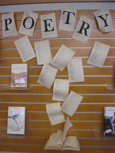 Poetry Display Classroom, Poetry Display Ideas, Literature Decoration Ideas, Book Page Bulletin Board, National Poetry Month Library Display, Poetry Library Display, Poetry Month Library Display, Poetry Display, Poetry Classroom