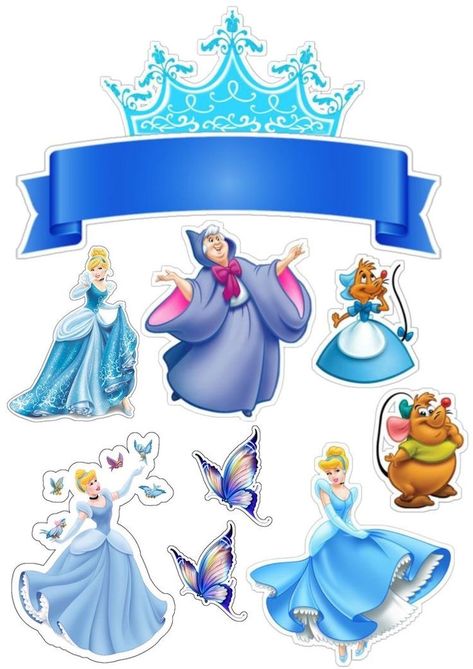 Disney Princess Stickers On A White Background With A Blue Ribbon 1A5 Cinderella Stickers Printable, Cinderella Toppers Printable, Cinderella Cake Topper Printable, Happy Birthday Cinderella, Cinderella Cake Design, Cinderella Stickers, Cinderella Birthday Cake Topper, Cinderella Printables, Cinderella Topper