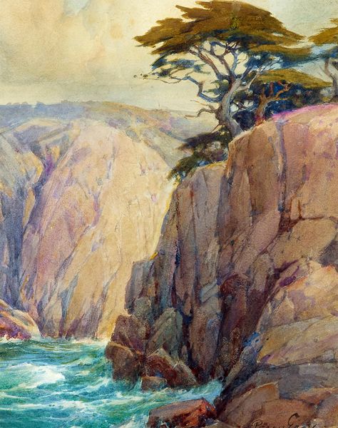 Monterey Cypress Perched on a Rocky Cliff by Percy Gray (American), watercolor on paper, genre: Landscape Art, 1931 #montereycypresspechedonarockycliff #percygray Cliff Drawing, Cliff Concept Art, Rocky Cliff Drawing, Painting Cliffs, Paintings Of Rocks And Cliffs, Beach Cliff Painting, Rocky Cliff Painting, Rocky Cliff, Monterey Cypress