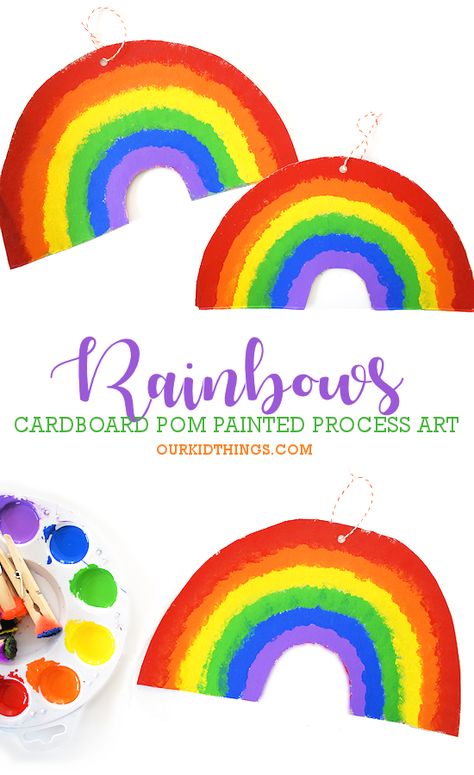 Cardboard Pom Painted Rainbows St. Patrick's Day Art Process Craft for Kids Rainbow Process Art, Rainbow Painting For Kids, Rainbow Serpent Art For Kids, Hanging Rainbow Craft For Kids, St Patrick’s Day Process Art, Preschool Art Projects, Painted Rainbow, Rainbow Crafts, St Patrick's Day Crafts