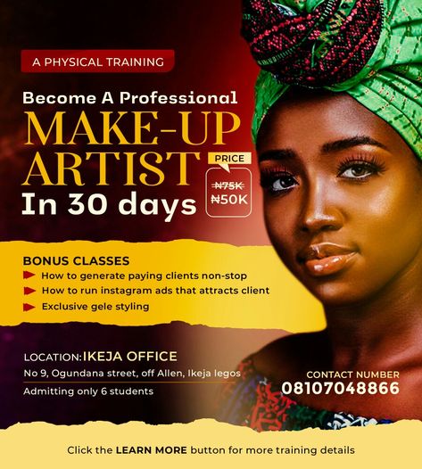 A professional flyer design for a makeup artist trying class Training Flyer Design, Professional Flyer Design, Flyer Design Inspiration, Makeup Training, Makeup Class, Class Design, Day Makeup, Instagram Ads, Social Media Design Graphics