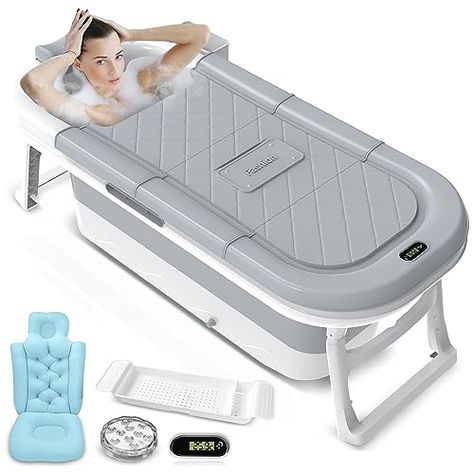 VENUX Protable Bathtub for Adults Collapsible Folding Bathtub - Ice Bath Tub Ergonomic Design W/Multicolor LED Light, Bath Tray & Thermal Insulation Ice Bath Tub, Plastic Bathtub, Portable Bathtub, Luxury Bathtub, Ice Bath, Bath Tray, Ice Baths, Bath Pillows, Spa Tub