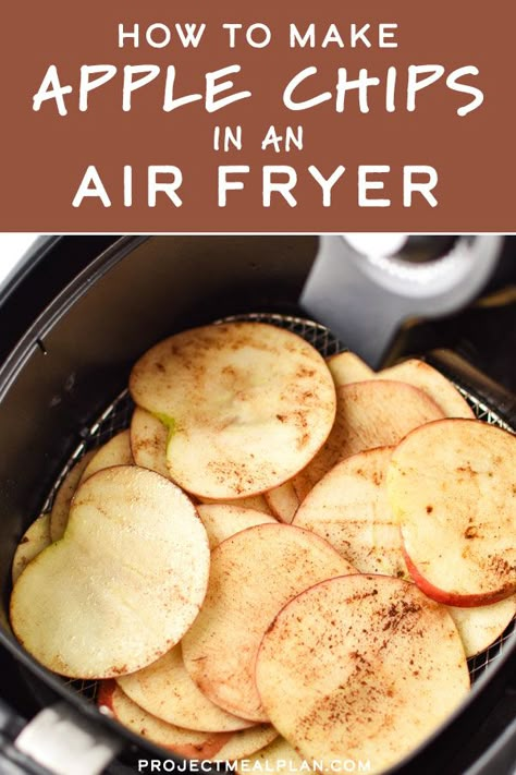 Apple chips are a delicious healthy snack that can be made right at home in your air fryer! They're simple to make, perfect for kids and adults, and have no added sugar. Here's How to Make Apple Chips in an Air Fryer! #projectmealplan #airfryer #airfryerapplechips #applechips Air Fryer Apple Chips Healthy Recipes, Recipes For 2 Quart Crock Pot, Healthy Food Airfryer, Apple Chips In Air Fryer, Air Fryer Kids Recipes, Airfryer Apples, Easy Snacks To Make At Home, Air Fryer Apple Chips, Air Fryer Apples