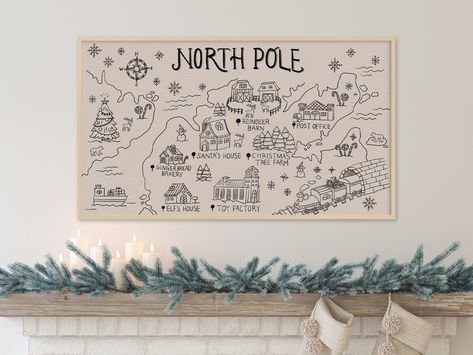 Christmas Frame Tv Art, Retro Christmas Art, North Pole Map, Santa Village, Xmas Window, Village Map, Santa's Village, Pole Nord, Christmas Promotion