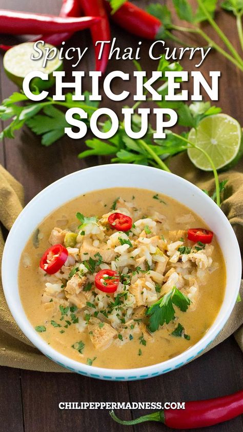 Spicy Thai Chicken Soup, Spicy Thai Curry, Chicken Coconut Milk, Thai Chicken Curry Soup, Curry Chicken Soup, Thai Curry Chicken, Spicy Soup Recipes, Thai Soup Recipes, Curry Soup Recipes