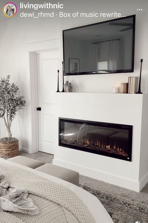 Fireplace Primary Bedroom, Fireplace Tv Bedroom, Tv Wall In Master Room, Bedroom With Fireplace Master Modern, Bedroom Fireplaces Master, Neutral Bedroom With Fireplace, Built In Bedroom Fireplace, Electric Fireplace In The Bedroom, Master Room Fireplace