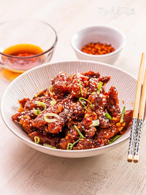 Honey Chili Chicken - Much Butter Chili Crunch Chicken, Hot Chili Oil Recipe, Chili Honey Chicken, Spicy Sweet Chicken, Honey Chili Chicken, Honey Chilli Chicken, Chili Crunch, Hot Chili Oil, Beer Chili