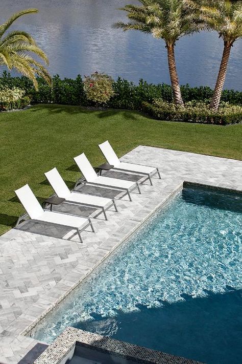 Travertine Pool Decking, Concrete Pool Deck, Swimming Pool Ideas, Concrete Swimming Pool, Pool Pavers, Travertine Pool, Pavers Backyard, Pool Lounger, Deck Designs