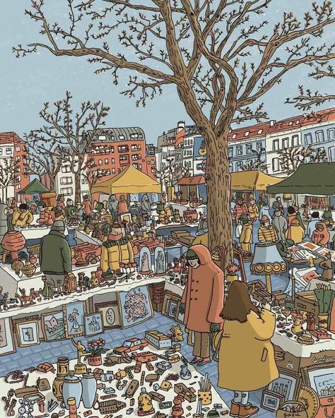 150th anniversary of Jeu de Balle flea-market in Marolles Flea Market Illustration, Market Wallpaper, Market Illustration, City Branding, Bright Art, Meeting Place, Smart City, The Unicorn, Photo Story