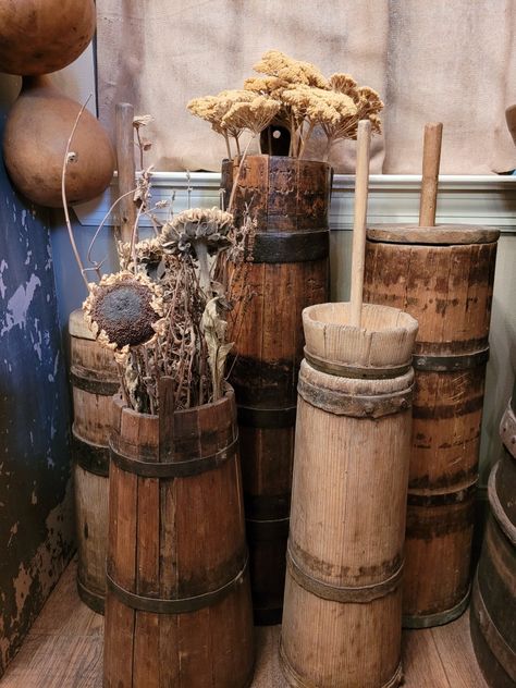 How To Decorate An Old Butter Churn, Butter Churn Decor Ideas, Sifter Decor Farmhouse, Decorating With Antique Sifters, Antique Grain Sifter Decor, Antique Sifter Decor, Antique Butter Churn, Jar Fillers, Churning Butter