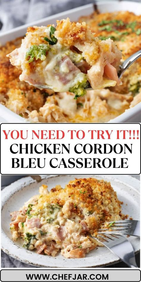 Indulge in the comforting flavors of Chicken Cordon Bleu Casserole. This easy recipe layers chicken, ham, broccoli, and creamy cheese sauce, topped with a crispy breadcrumb crust. Perfect for a cozy family dinner. Chicken Cordon Bleu Casserole Recipe, Cordon Bleu Casserole, Chicken Cordon Bleu Casserole, Chicken Ham, Chicken Cordon, Favorite Recipes Dinner, Ham Cheese, Chicken Cordon Bleu, Easy Casserole Recipes