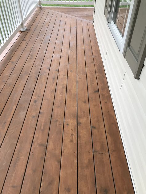 Front Porch Wood Stain Colors, Deck Stain Colors Sherwin Williams, Patio Stain Ideas, Porch Stain Colors Wood, Deck Colours, Mid Century Deck, Porch Stain, Wood Deck Stain, Outside House Decor