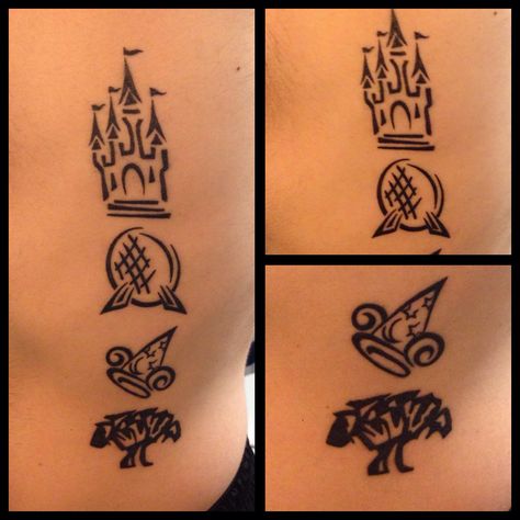 Walt Disney World park logos tattoo! Magic Kingdom, Epcot, Hollywood Studios, and Animal Kingdom. Beauty Tattoo Ideas, Small Disney Tattoos, Matching Disney Tattoos, Disney Couple Tattoos, Skin Logo, Castle Tattoo, Disney Sleeve, Beauty Tattoo, Bestie Tattoo