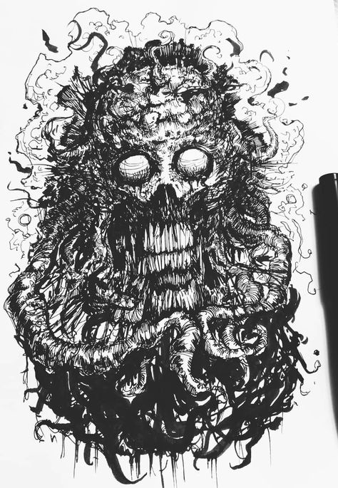 Ink Creature, Monster Tattoo, Scary Drawings, Creepy Drawings, Dark Ink, Deep Art, Black And White Artwork, Tinta China, Ink Artwork