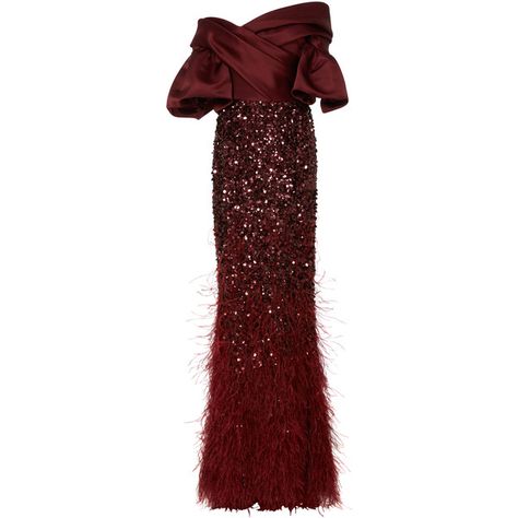 Elizabeth Kennedy Off The Shoulder Gown With Feather Embroidery (212.009.500 IDR) ❤ liked on Polyvore featuring dresses, gowns, evening gown, burgundy, off the shoulder evening gown, wrap dress, off shoulder evening dress, red gown and off shoulder dress Burgundy Long Dress, Yousef Aljasmi, Long Red Evening Dress, Red Off Shoulder Dress, Red Evening Dresses, Dress With Feathers, Burgundy Gown, Red Evening Gowns, Burgundy Evening Dress