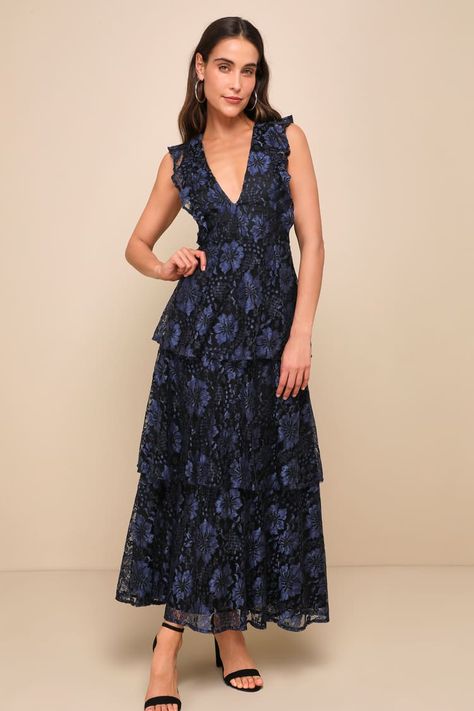 Lovely Navy Blue Dress - Lace Dress - Maxi Dress - Tiered Maxi - Lulus Engagement Party Attire Guest, Blue Wedding Guest Dresses, Maxi Dress Wedding Guest, Prom Dress Stores, Dress Wedding Guest, Guest Attire, Formal Dresses Gowns, Wedding Attire Guest, Maxi Dress Prom