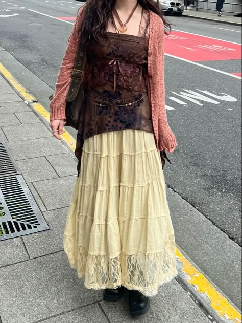 Fairy Long Skirt, Layered Dress Outfit Grunge, Long Skirt Fall Outfits Aesthetic, Long Skirt Baggy Sweater, Outfit Inspo Skirts Long, Skirt Over Skirt, Vintage Long Skirt Outfits, Long Skirt Fits Aesthetic, Long Dress With Jacket Outfit