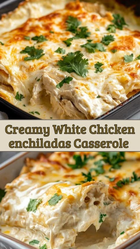 Creamy White Chicken enchiladas Casserole - Delicious Recipes - Easy Cooking Ideas and Tasty Dishes Creamy White Chicken Enchilada Casserole, White Chicken Enchilada Casserole Easy, Easy White Chicken Enchilada Recipe, Chicken Enchilada White Sauce, White Chicken Enchilada Bake, Easy Creamy White Chicken Enchiladas, White Enchiladas Healthy, Best Chicken Enchiladas With White Sauce, Healthy Weeknight Meals Families