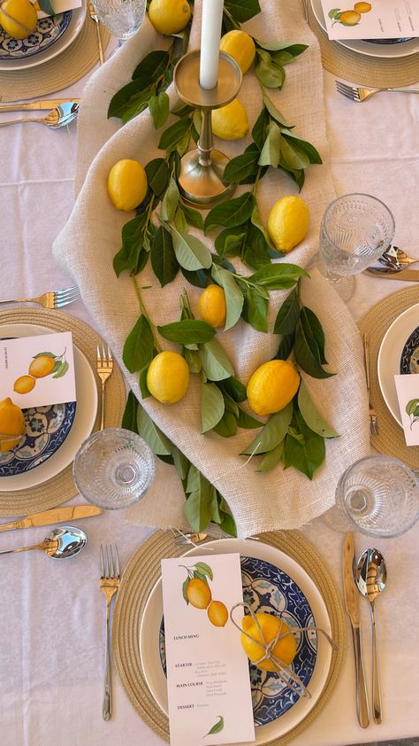 Positano Theme Table Setting, Bridal Shower Positano Theme, Lemon Amalfi Theme, Italian Capri Style Party Ideas, Positano Bridal Shower Ideas, Lemon Positano Theme, European Inspired Patio, Positano Tablescape, Positano Italy Themed Party