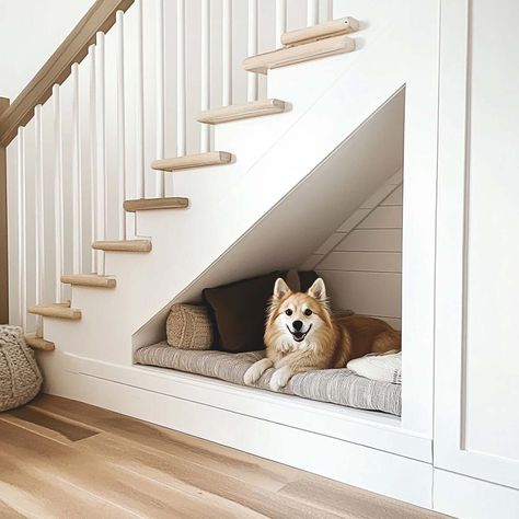 25 Genius Under Stairs Storage Ideas You’ll Love! Understair Pullout Coat Storage, Built In Dog House Under Stairs, Under Stairs Ideas Dog, Understairs Dog Kennel Ideas, Dog Cage Under Stairs, Dog Cubby Under Stairs, Under Stairs Pet Room, Under Stairs Dog Bed, Under Stair Dog Space