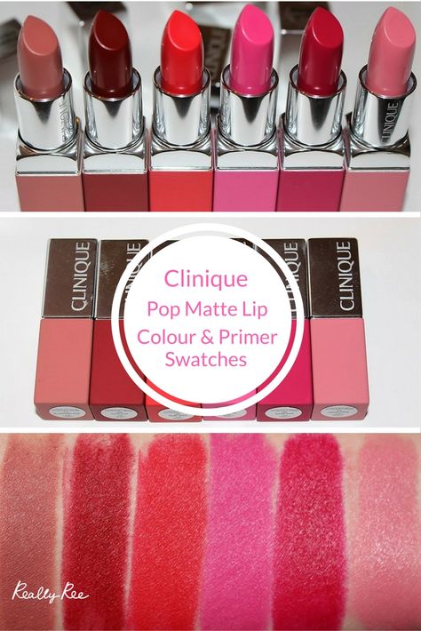 Clinique Pop Matte lip Colour & Primer Review & Swatches Clinique Lipstick Swatches, Clinique Pop Lipstick, Color Pop Lipstick, Clinique Blush, Pop Lipstick, Clinique Lipstick, Revlon Lipstick, Clinique Pop, Lipstick Tutorial