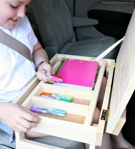 diy road trip lap desk interior storage compartments Lap Desk For Car, Diy Lap Desk, Lap Desk With Storage, Wood Projects For Kids, Woodworking Bed, Wood Crafting Tools, Desk With Storage, Woodworking Projects For Kids, Woodworking For Kids