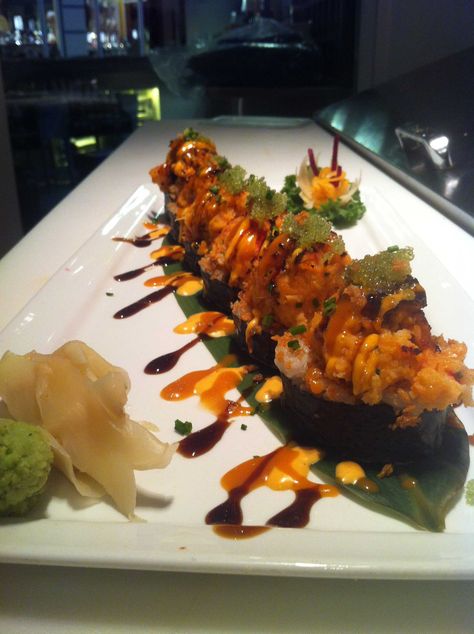 Lobster Volcano Roll Lobster Roll Sushi, Volcano Roll Sushi, Salmon Roses Sushi, Alaska Roll Sushi, California Roll Sushi Aesthetic, Homemade Sushi, Asian Inspired Dishes, Delicacy Food, Sushi Rice