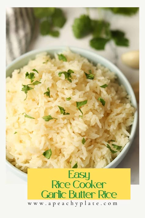 You can make delicious, savory, garlic butter rice in your rice cooker in just under 45 minutes. This recipe is perfect for busy weeknights and only uses five ingredients – just toss them into the pot, close the lid and hit start! Learn how to make this recipe on www.apeachyplate.com