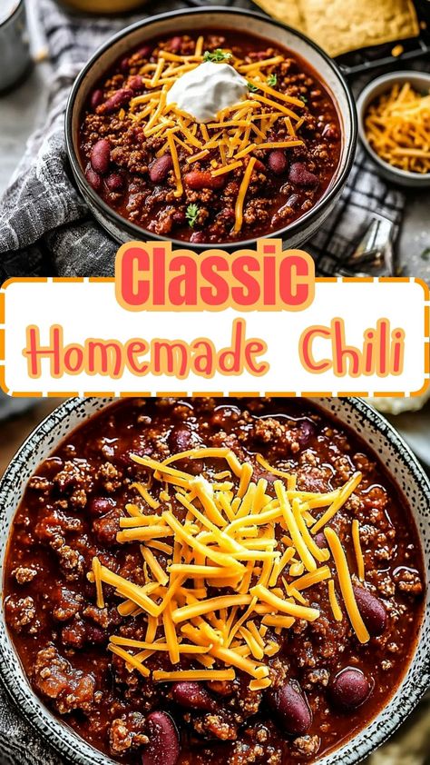 Easy Dinner Recipes: Classic Homemade Chili Classic Chili Recipe Beef, Recipes For Chili Homemade, Canned Chilli Beans Recipe, Chili Johns Recipe, Chilli Without Tomatoes, Easy Homemade Chili Recipe Simple, Award Winning Chilli, Chili Recipe Small Batch, Chili With Green Chilis