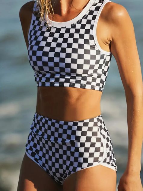 Black White Color Block Checkerboard Plaid Swimsuit Round - Temu 2 Piece Swimsuit, Perfect Swimsuit, Womens Tankini, 2 Piece Swimsuits, Swim Brief, Cute Swimsuits, Swimsuit Set, Swimwear Outfit, Sporty Style