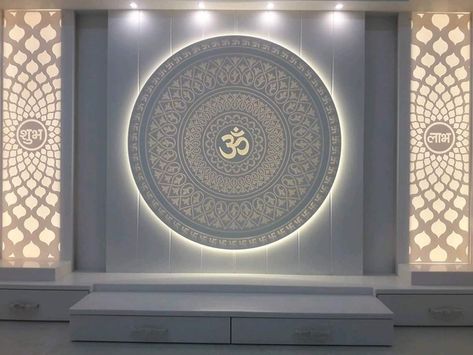 Om In Mandir, Acrylic Om Design For Mandir, Korean Temple Designs For Home, Corian Mandir Design With Door, Korean Mandir Designs, Om Design For Mandir, Mandir Background Design, Acrylic Mandir Design, Mandir Background