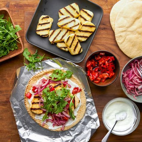 Grilled Halloumi Wraps | Cook's Illustrated Recipe Halloumi Wrap, Sandwich Night, Grilled Bell Peppers, Cooks Illustrated Recipes, Test Kitchen Recipes, Donut Toppings, Halloumi Cheese, Illustrated Recipe, Cookie Toppings