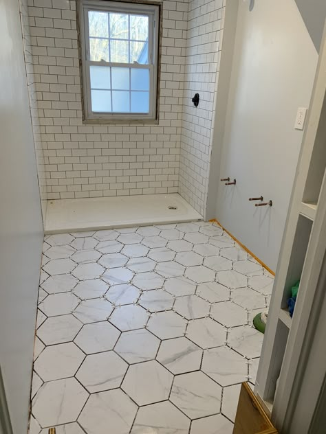 Large Octagon Tile Bathroom, Big Hexagon Tile Bathroom, Large Hexagon Bathroom Floor, Octagonal Tile Bathroom, Honeycomb Bathroom Floor, Small Power Room, Bathroom Hexagon Tile Floor, Hexagon Floor Tile Bathroom, Octagon Tile Bathroom