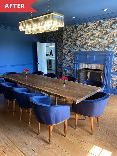 Blue Dinning Rooms, Blue Dining Room Paint, Bold Dining Room, Blue Dining Room, Blue Velvet Chairs, Dining Room Paint Colors, Modern Remodel, Dining Room Paint, Dining Room Blue