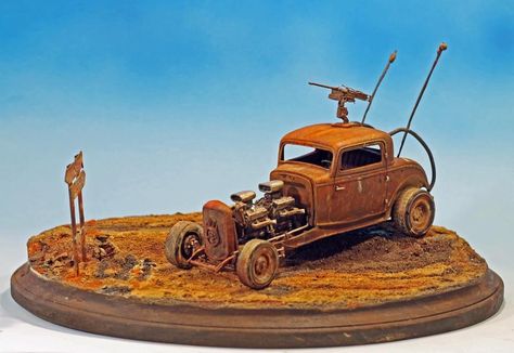 Mad Max 32’ Coupe “ELVIS”, 1/72 scale. By Anthony "Pirate Monkey" Rodriguez. #Ford #vignette #model_cars #scale_model #Post_Apocalyptic #mad_max Pirate Monkey, Gaslands Cars, Dark Future, Post Apo, Mad Max Fury, Model Ideas, Mad Max Fury Road, Fury Road, Second Hand Shop