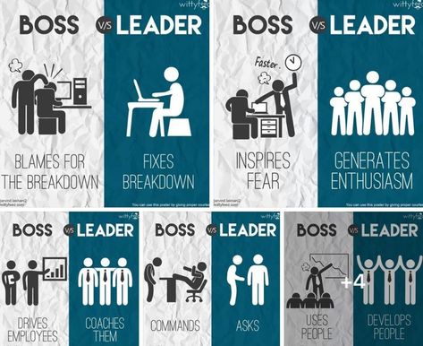 Boss versus Leader Leader Vs Manager, Boss Vs Leader, Management Skills Leadership, Social Media Infographic, Motivational Messages, Community Manager, Leadership Quotes, Management Skills, Career Development