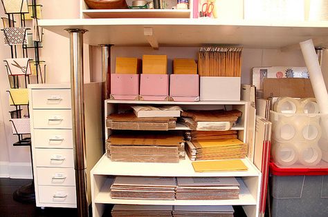 The Shipping Center in My Studio | Nicole Balch | Flickr Shipping Station Ideas Diy, Shipping Boxes Organization, How To Organize Shipping Supplies, Shipping Supply Storage, Shipping Box Organization, Packing Station Organization, Shipping Station Organization, Shipping Supplies Organization, Envelope Organization