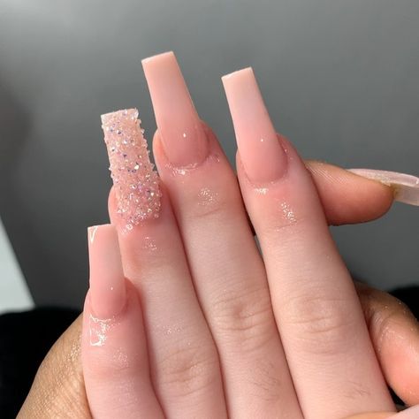 Nude Coffin Nail Ideas, Long Simple Acrylic Nails, Nude Square Acrylic Nails, Nude Acrylic Nails With Design, Long Square Acrylic Nails Designs, Square Nails Glitter, Nude Pink Acrylic Nails, Long Acrylic Nails Square, Nude Square Nails