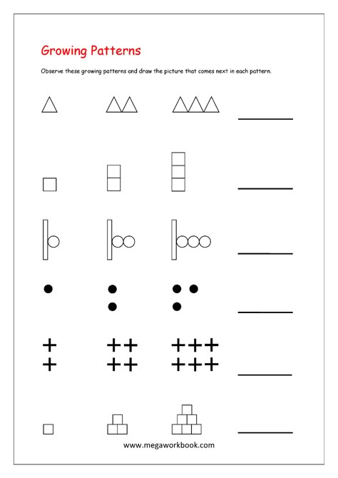 Pattern Worksheets For Kindergarten - Color Patterns - Growing Patterns - Decreasing Patterns - Repeating Patterns Worksheets - AB, AAB, ABC Patterns - Free Printables Preschool/Kindergarten - MegaWorkbook Pattern For Preschool, Maths Patterns, Patterns Math, Iq Worksheets For Kindergarten, Patterns Worksheets For Kindergarten, Growing Patterns, Aab Patterns Worksheets, Patterns For Preschool, Growing Patterns Kindergarten