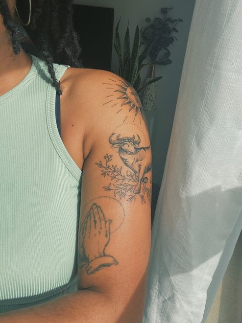 Taurus sign tattoo. Bull tattoo with sun on shoulder and upper arm Sunshine Clouds Tattoo, Sun In Clouds Tattoo, Cloud And Sun Ray Tattoo, Sun Through Clouds Tattoo, Sun Rays Through Clouds Tattoo, Sunshine State Of Mind Tattoo, Sunshine Tattoos, Ray Tattoo, Sunshine Tattoo