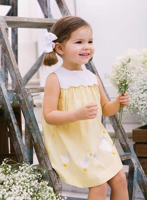 Little Petal Duck Dress in Lemon | Trotters Childrenswear Trotters Childrenswear, Duck Dress, Yellow Duck, Girl Online, Lemon Yellow, Vintage Colors, Baby Shop, Baby Dress, Childrens Clothes