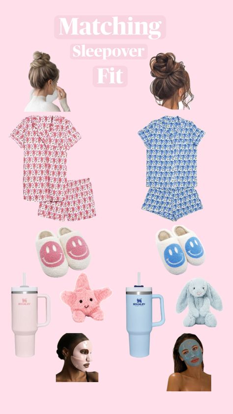 Matching pink and blue sleepover fits💗💙 Matching Pjs For Sleepovers, Matching Pajamas Friends, Matching Pajamas Friends Sleepover, Sleepover Fits, Cute Matching Pjs, Friends Sleepover, Matching Outfits Best Friend, Sleep Over, Matching Pjs