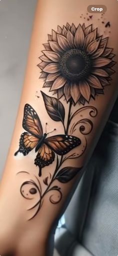 Sleeve Sunflower Tattoos For Women, Sunflower Tattoo Sleeve Forearm, Shoulder Butterfly Tattoos For Women, Sunflower With Butterfly Tattoo, Sunflower And Butterfly Tattoo, Maching Tattoos, Sunflower Tattoo Sleeve, Arm Sleeve Tattoos For Women, Sunflower Tattoo Shoulder