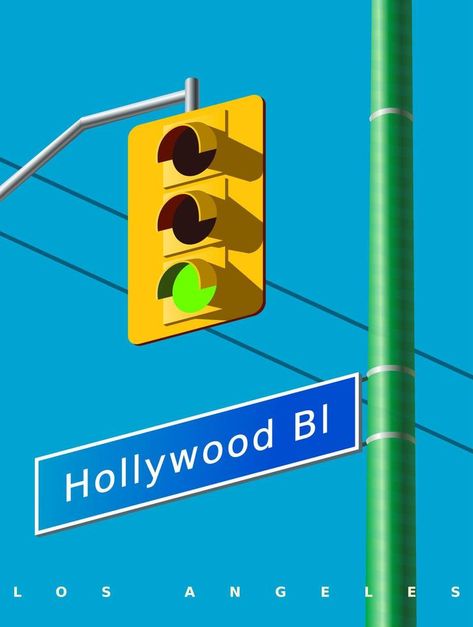 Hollywood street sign on the green pillar. A classic yellow traffic light with a green light signal. Realistic vector illustration. USA Pink Retro Wallpaper, Hollywood Street, Traffic Signs, Street Sign, Traffic Light, Retro Wallpaper, Street Signs, Green Light, Sign Design