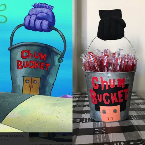 Chum bucket candy buffet Diy Chum Bucket Spongebob, 90s Nickelodeon Party Decorations, Trunk Or Treat Ideas For Cars Spongebob, Dollar Tree Spongebob Party, Spongebob Table Decorations Centerpieces, Spongebob Trunk Or Treat Ideas For Cars, Spongebob Themed Wedding, Spongebob Gifts Diy, Sponge Bob Gift Ideas