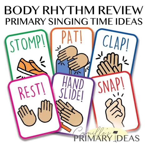 Camille's Primary Ideas: Review any songs as children keep the beat with various rhythm pattern cards, body rhythm Primary singing time review activity Primary Reverent Ideas, Primary Music Time Ideas, Primary Singing Time Activities, Primary Music Ideas Singing Time, Primary Singing Time Games, Primary Singing Time Ideas, Singing Time Ideas Primary, Wiggles Songs, Lds Object Lessons