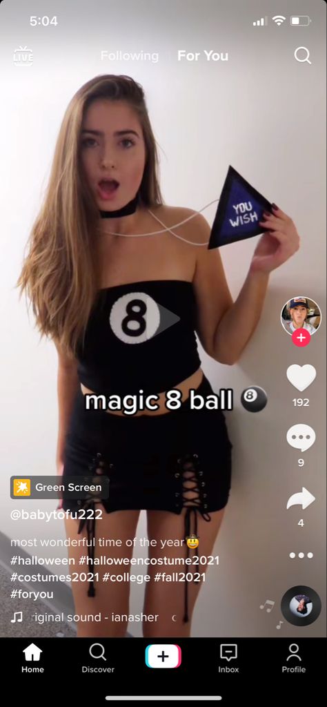 Leather Pant Costume Ideas, 8 Ball Halloween Costume, Magic 8 Ball Halloween Costume, Sassy Halloween Costumes, Magic Eight Ball Costume, Magic 8 Ball Costume, 8 Ball Costume, College Halloween Costume Ideas, Old Halloween Costumes